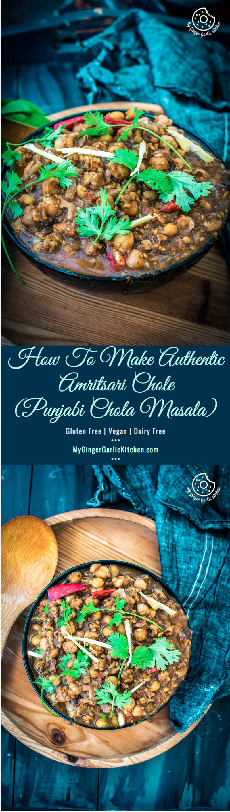 a plate of amritsari chole garnished with fresh cilantro on a table