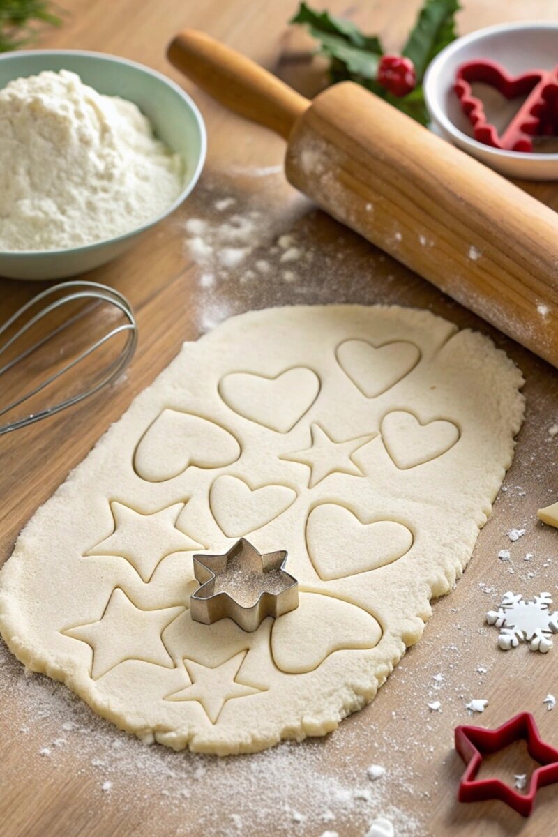 Rolled cookie dough with heart and star shapes cut out, flour, rolling pin, and holiday cookie cutters on wooden surface.