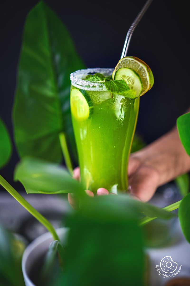 a closeup shot of a hand holding cucumber cooler glass