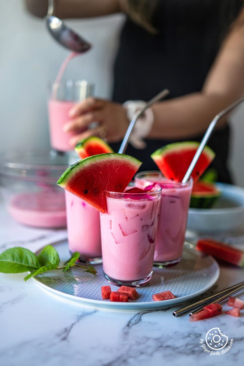 3 mohabbat ka sharbat glasses garnished watermelon slices