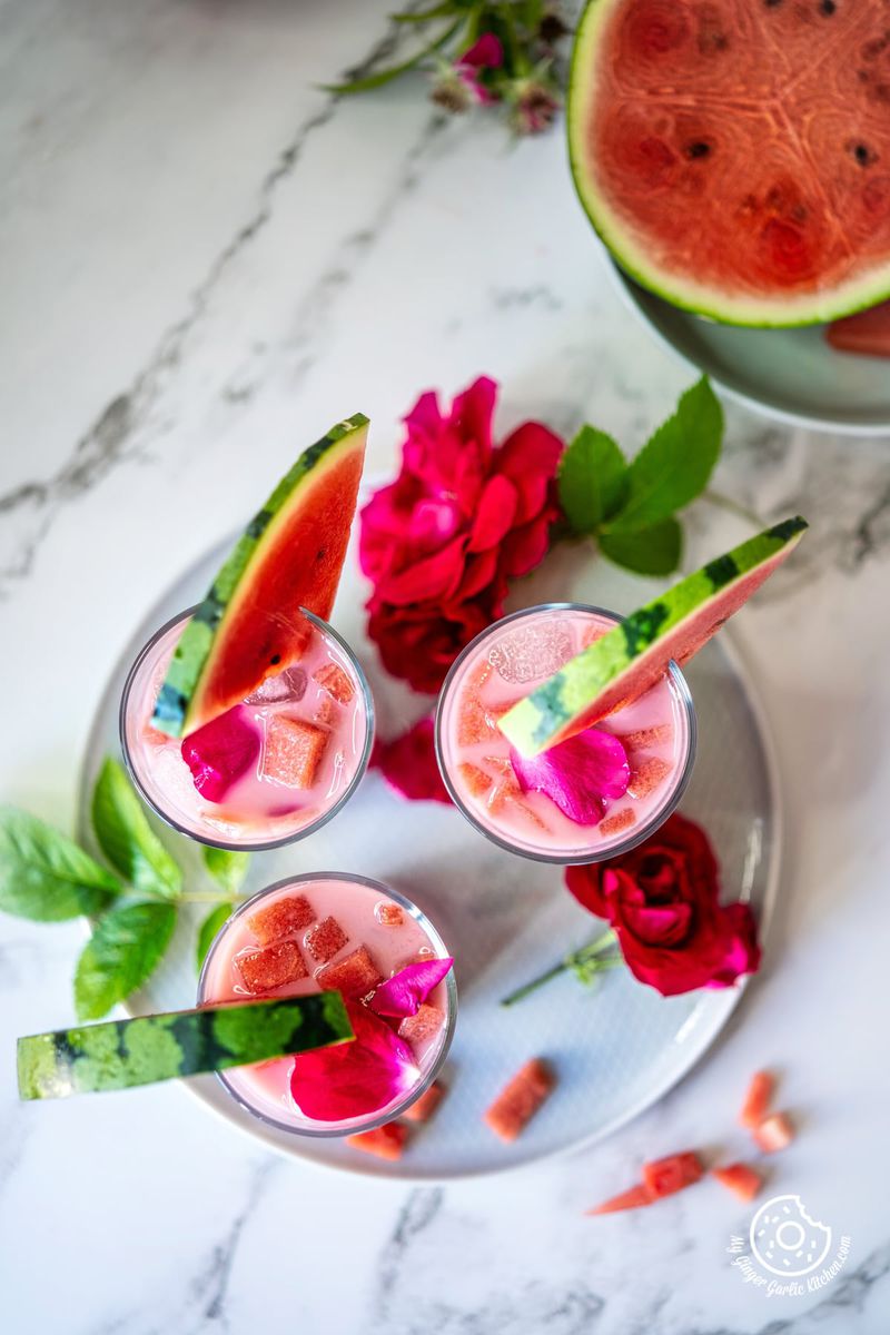 overhead shot of 3 glasses filled with mohabbat ka sharbat