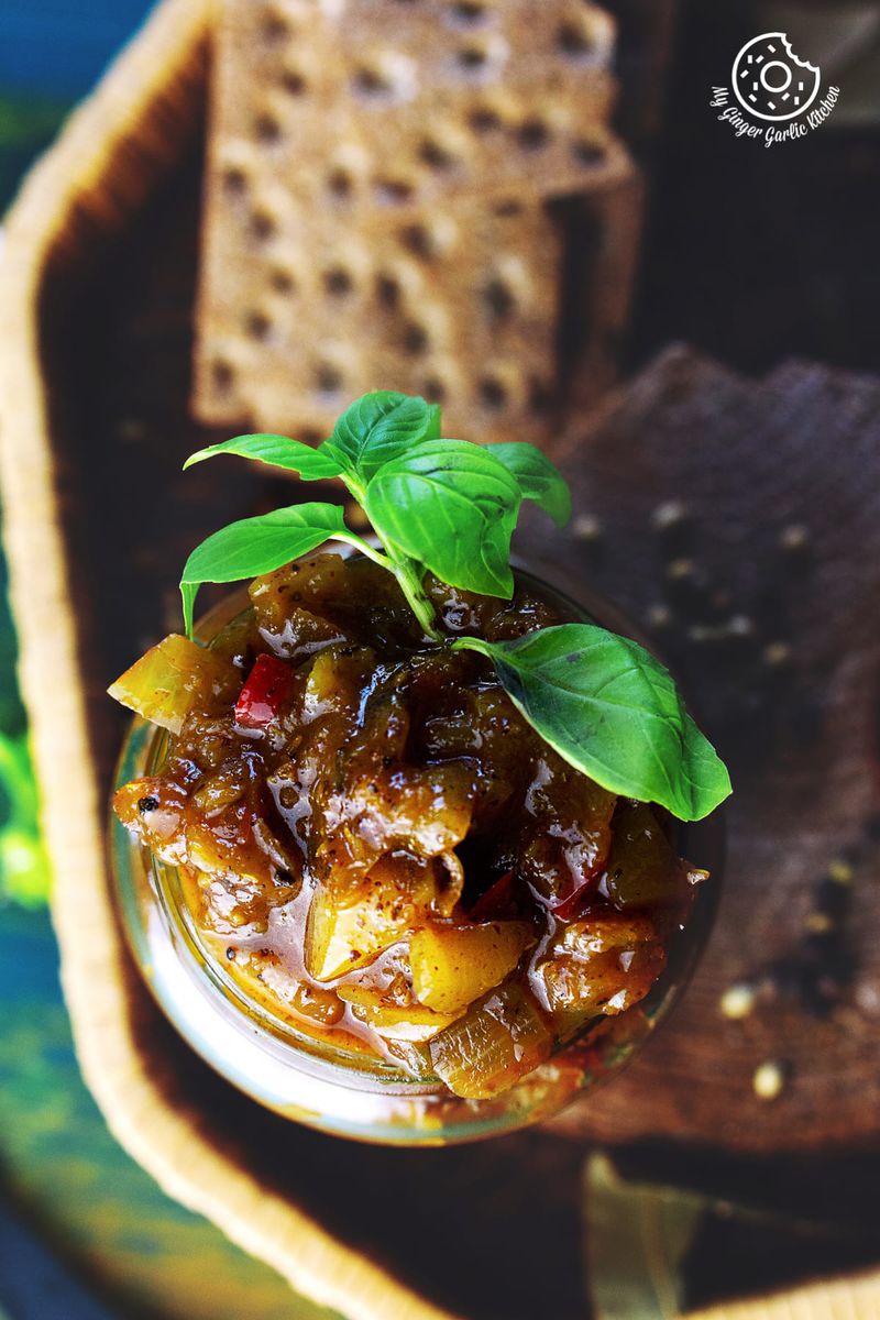 overhead shot of peach chutney in a glass jar