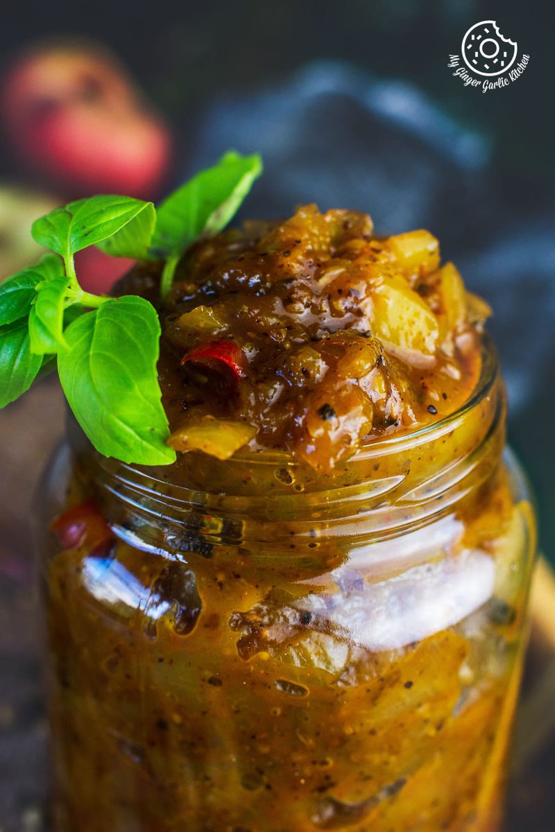 closeup shot of peach chutney jar
