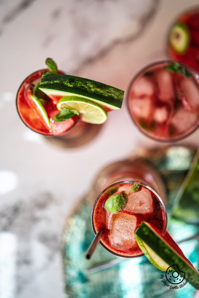 overhead shot of three watermelon glasses