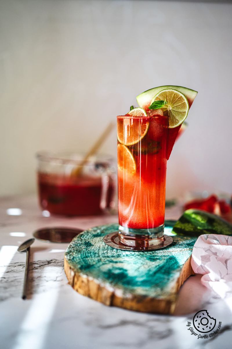 watermelon mojito glass decoarated with lime and watermelon slice